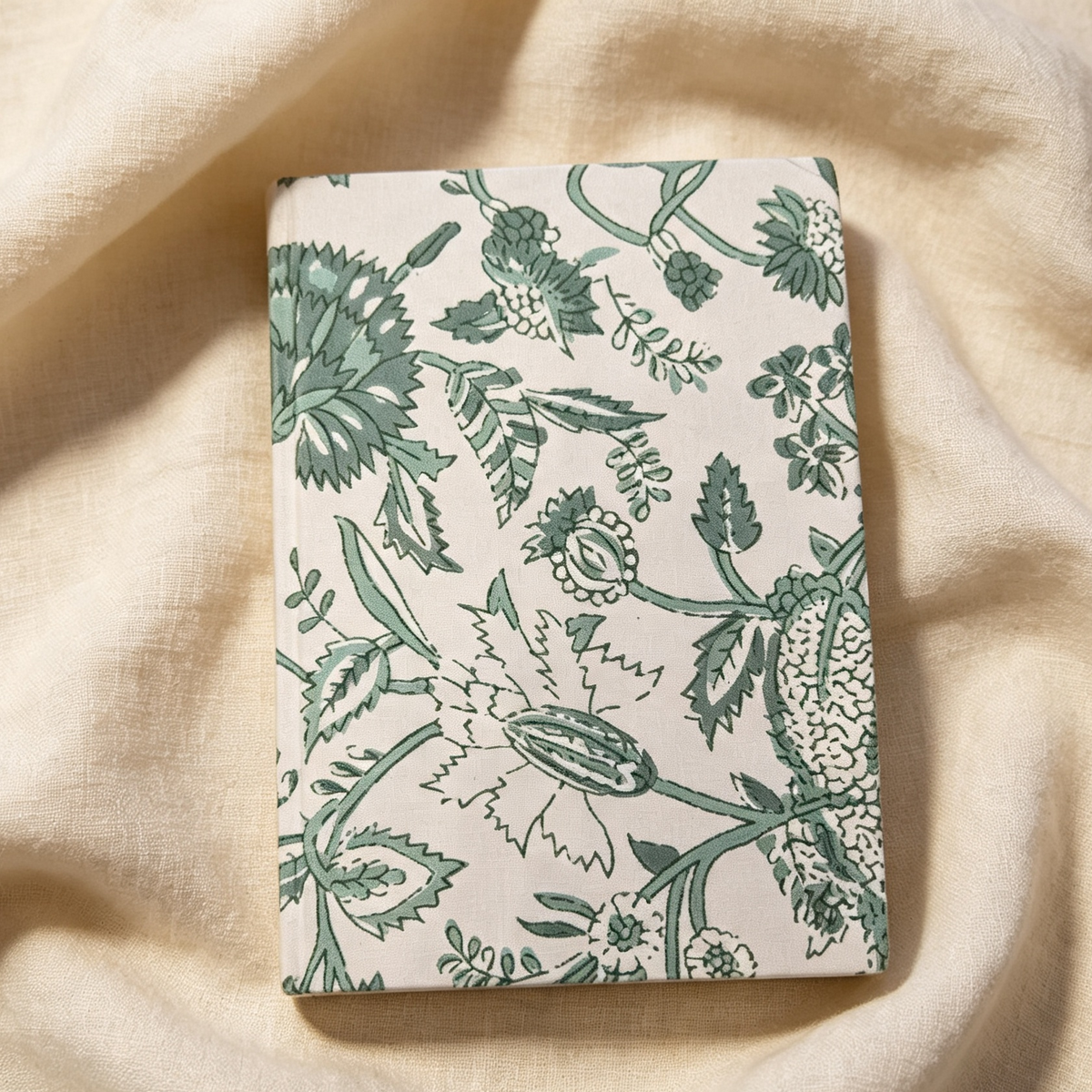 Green Vine hand block print journal cover in sage green botanical pattern