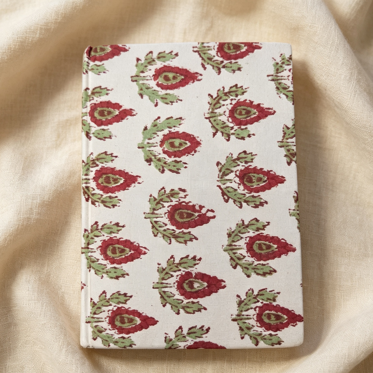 Crimson Sprig hand block print journal cover with red floral buti pattern
